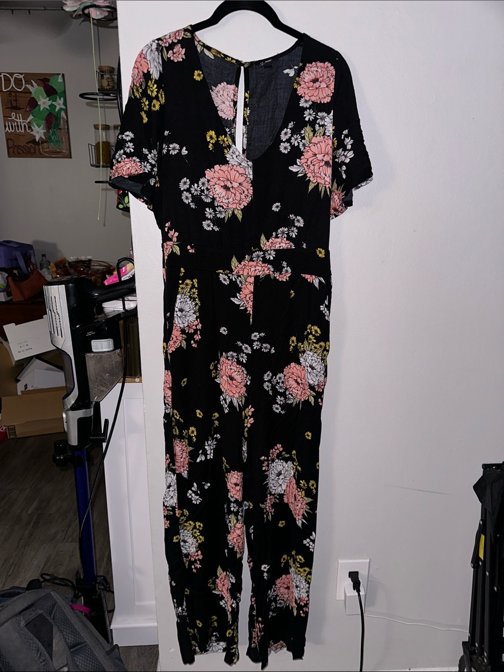 torrid Black Floral Short-Sleeve Jumpsuit with Pink, White and Yellow Blooms
